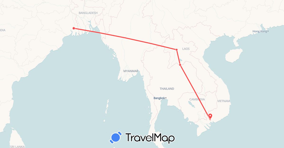 TravelMap itinerary: driving, hiking in India, Laos, Vietnam (Asia)